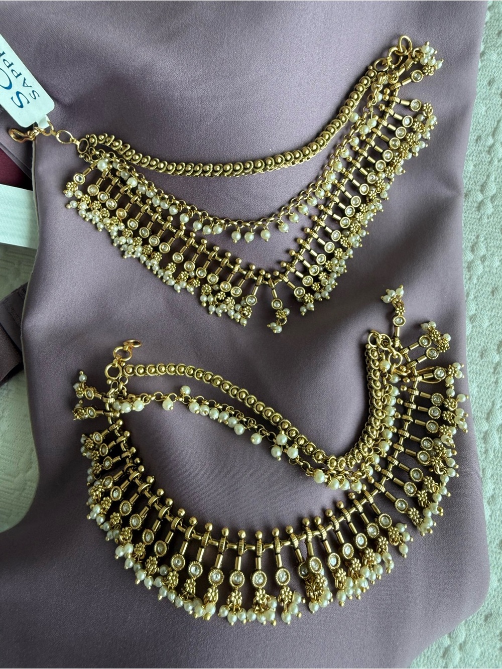 Gold-Tone Pearl Ear Chain Indian Bridal Festive